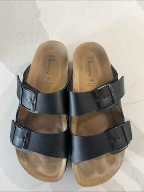 Black Double-Buckle Slide Platform Sandals for Women
